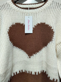 J'adore Heart Knit Jumper brown and cream – flat lay close-up of front showing heart pattern detail