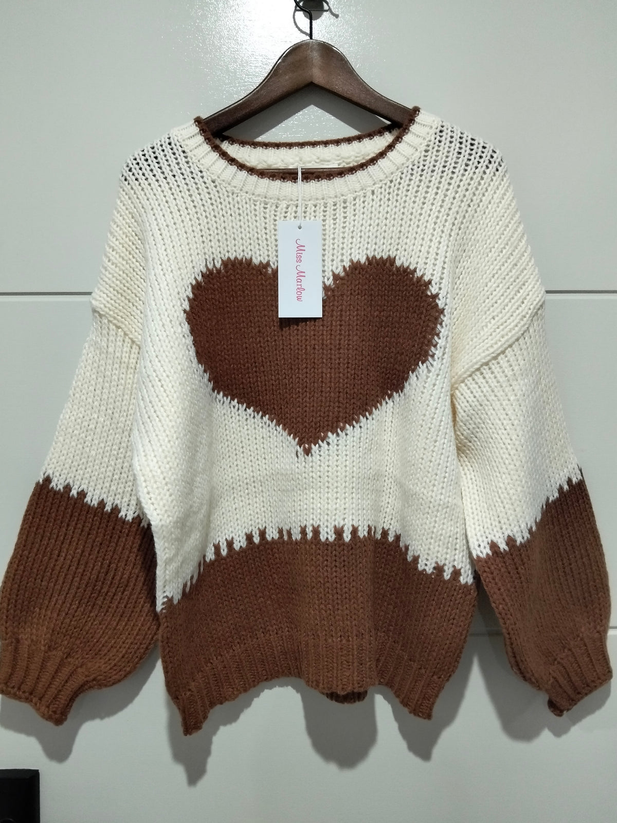  J'adore Heart Knit Jumper brown and cream – flat lay front view