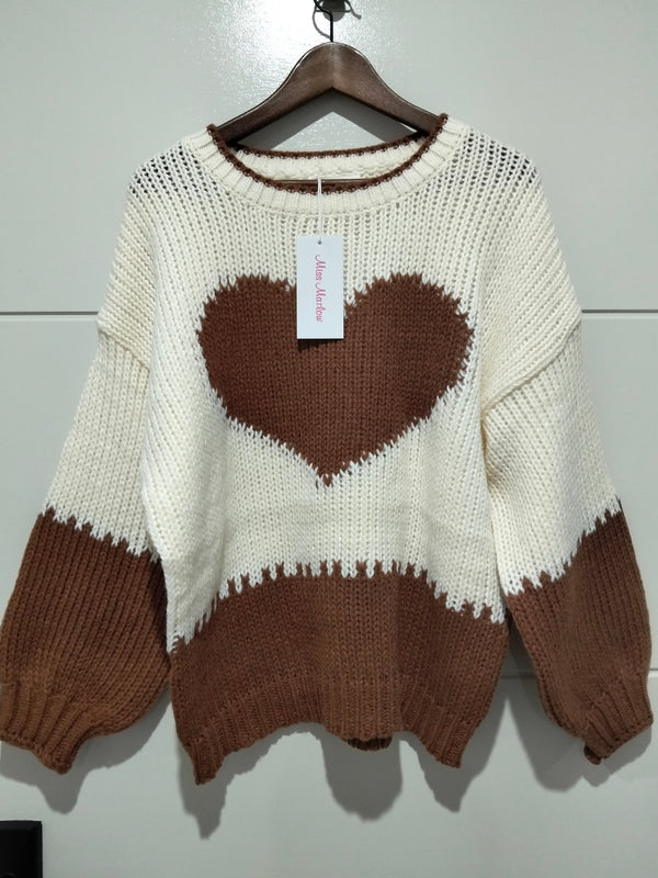  J'adore Heart Knit Jumper brown and cream – flat lay front view