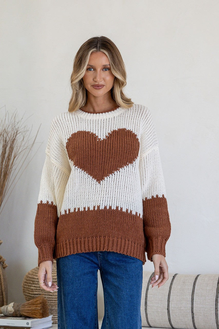 J'adore Heart Knit Jumper brown and cream – model front view styled with blue jeans