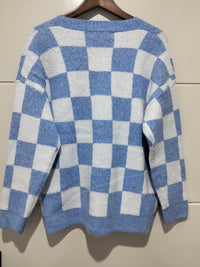 Monti Checker Knit Cardi powder blue and white – flat lay back view