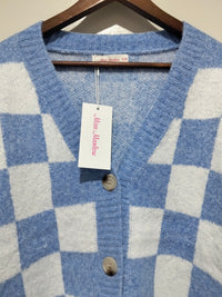 Monti Checker Knit Cardi powder blue and white – flat lay close-up of front showing checker pattern and buttons