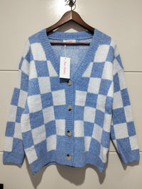 Monti Checker Knit Cardi powder blue and white – flat lay front view