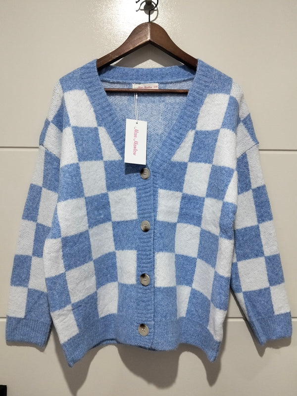 Monti Checker Knit Cardi powder blue and white – flat lay front view