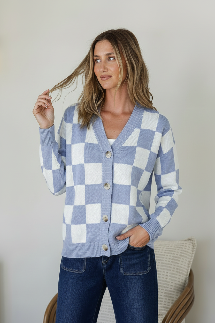 Monti Checker Knit Cardi powder blue and white – model front shot with cardi buttoned up