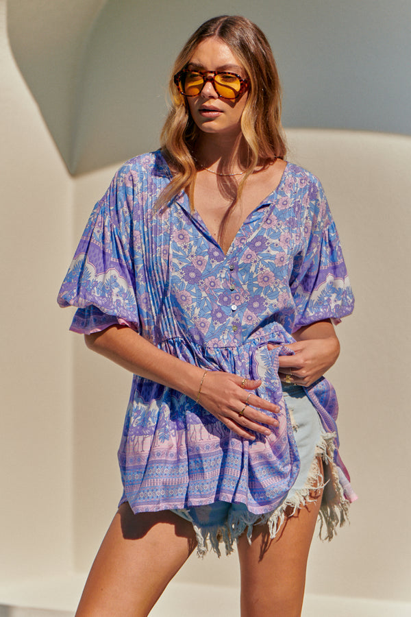 Pia Tunic Top Blue Flamingo Print Kenzie Tenzie