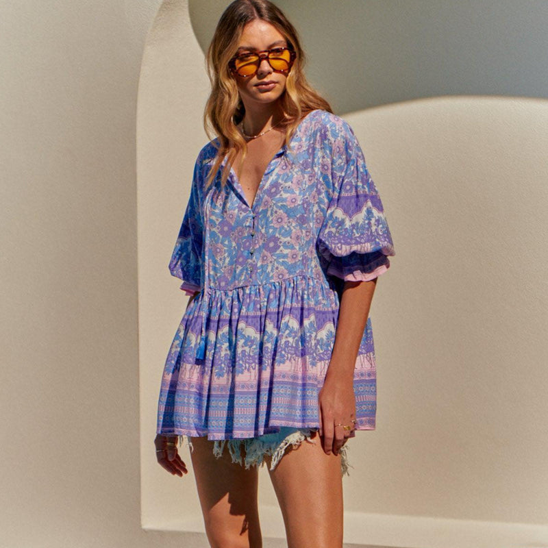 Pia Tunic Top Blue Flamingo Print Kenzie Tenzie