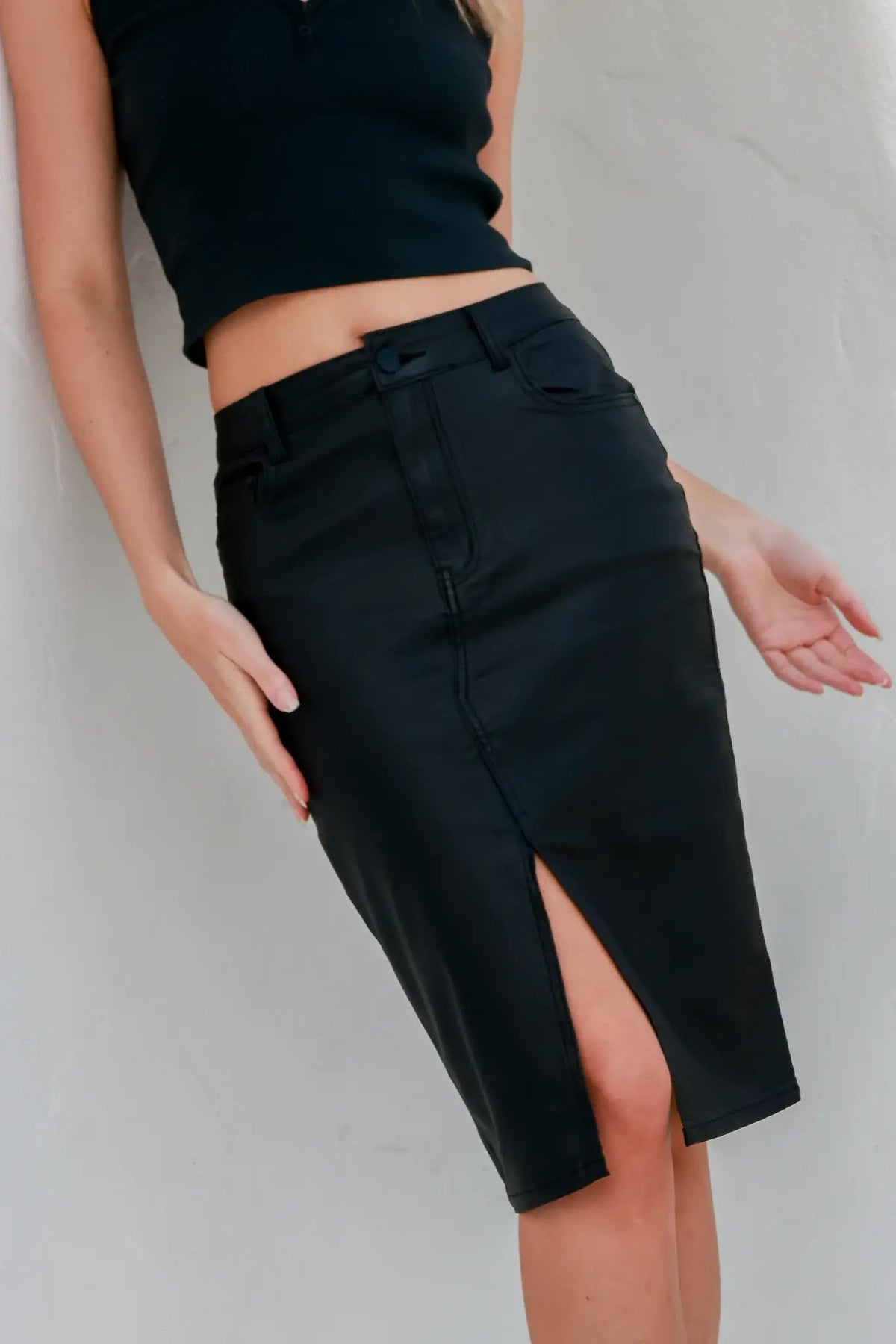 Rissie Wax Denim Midi Skirt Black Kenzie Tenzie