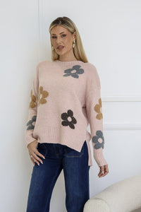 Sacha Daisy Knit Jumper blush – model front view with hand in pocket
