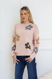 Sacha Daisy Knit Jumper blush – close-up model shot styled with dark blue jeans