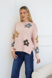 Sacha Daisy Knit Jumper blush – close-up model shot styled with dark blue jeans