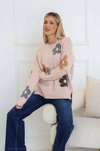 Sacha Daisy Knit Jumper blush – model sitting lifestyle shot front view