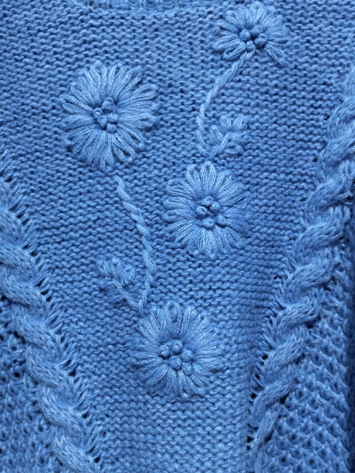 Jaase Twilight Crochet Crop Knit Jumper blue – flat lay close-up of floral crochet pattern