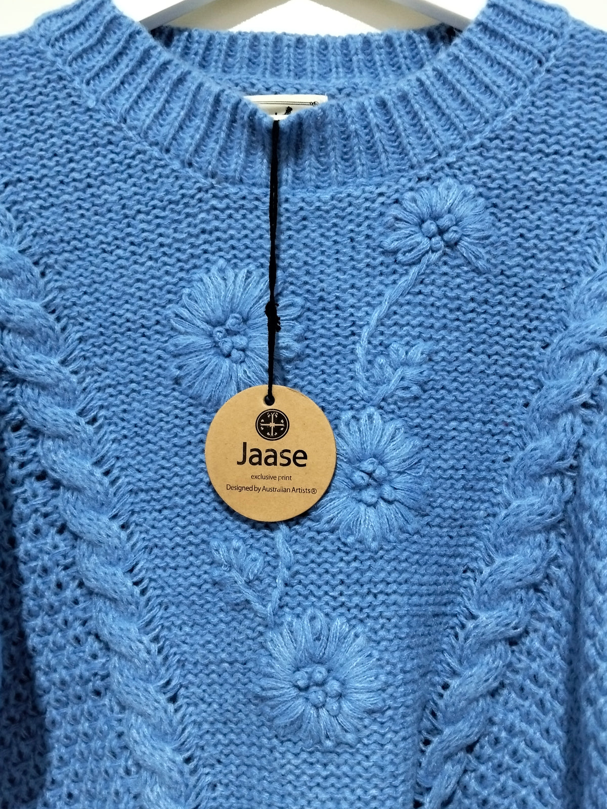 Jaase Twilight Crochet Crop Knit Jumper blue – flat lay close-up of front