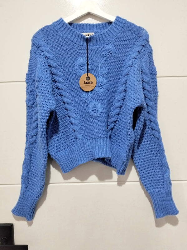 Jaase Twilight Crochet Crop Knit Jumper blue – flat lay front view