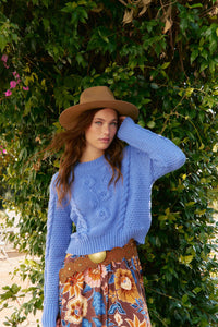 Jaase Twilight Crochet Crop Knit Jumper blue – outdoor lifestyle model shot front view