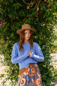 Jaase Twilight Crochet Crop Knit Jumper blue – model outdoor lifestyle shot