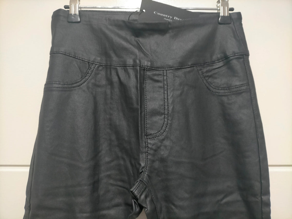 Zoe Pull on Wet Look Wax Denim Jeans - Black Kenzie Tenzie