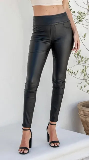 Zoe Pull on Wet Look Wax Denim Jeans - Black Kenzie Tenzie