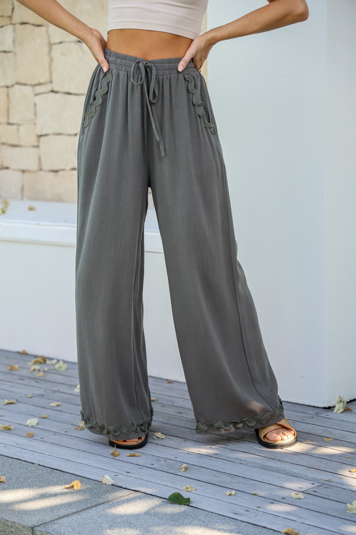 Aspen Linen Ric Rac Pants - Khaki