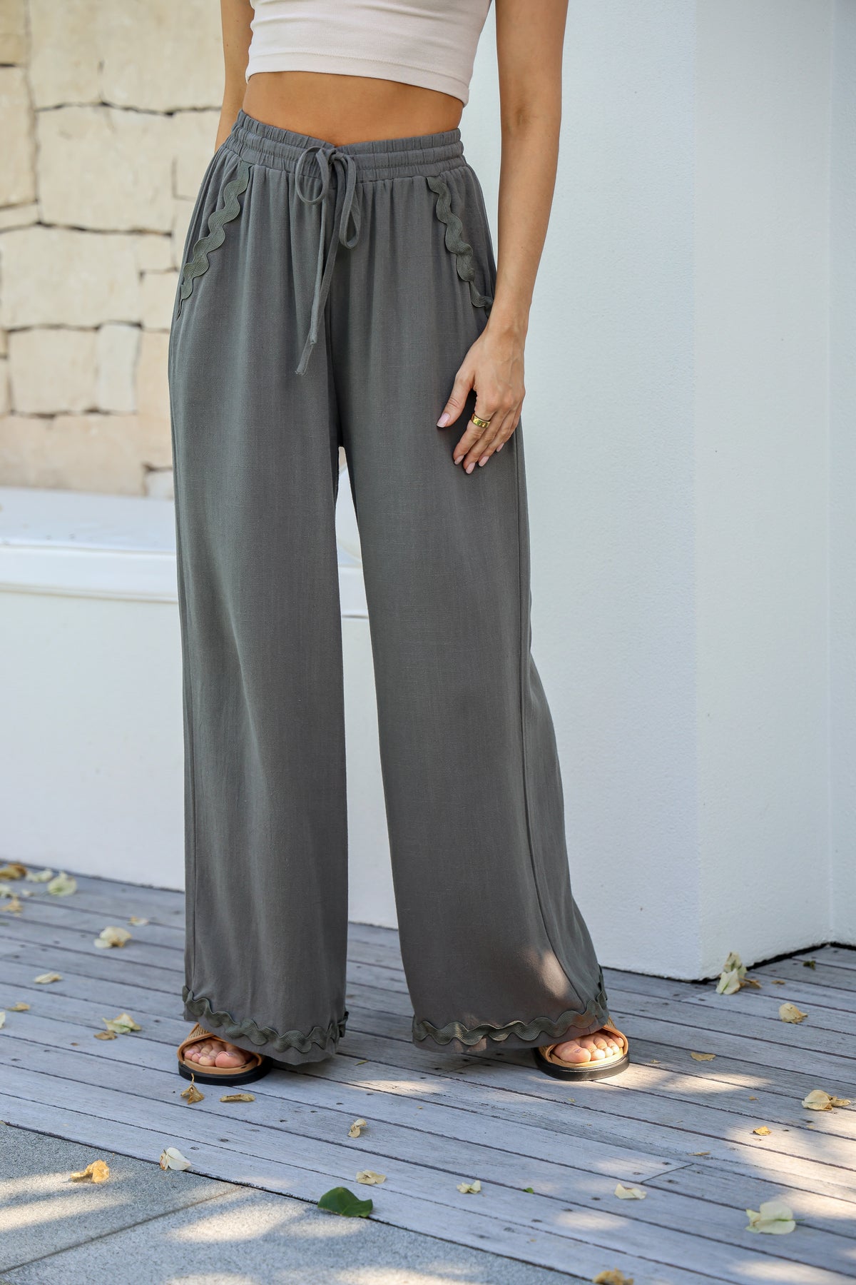 Aspen Linen Ric Rac Pants - Khaki