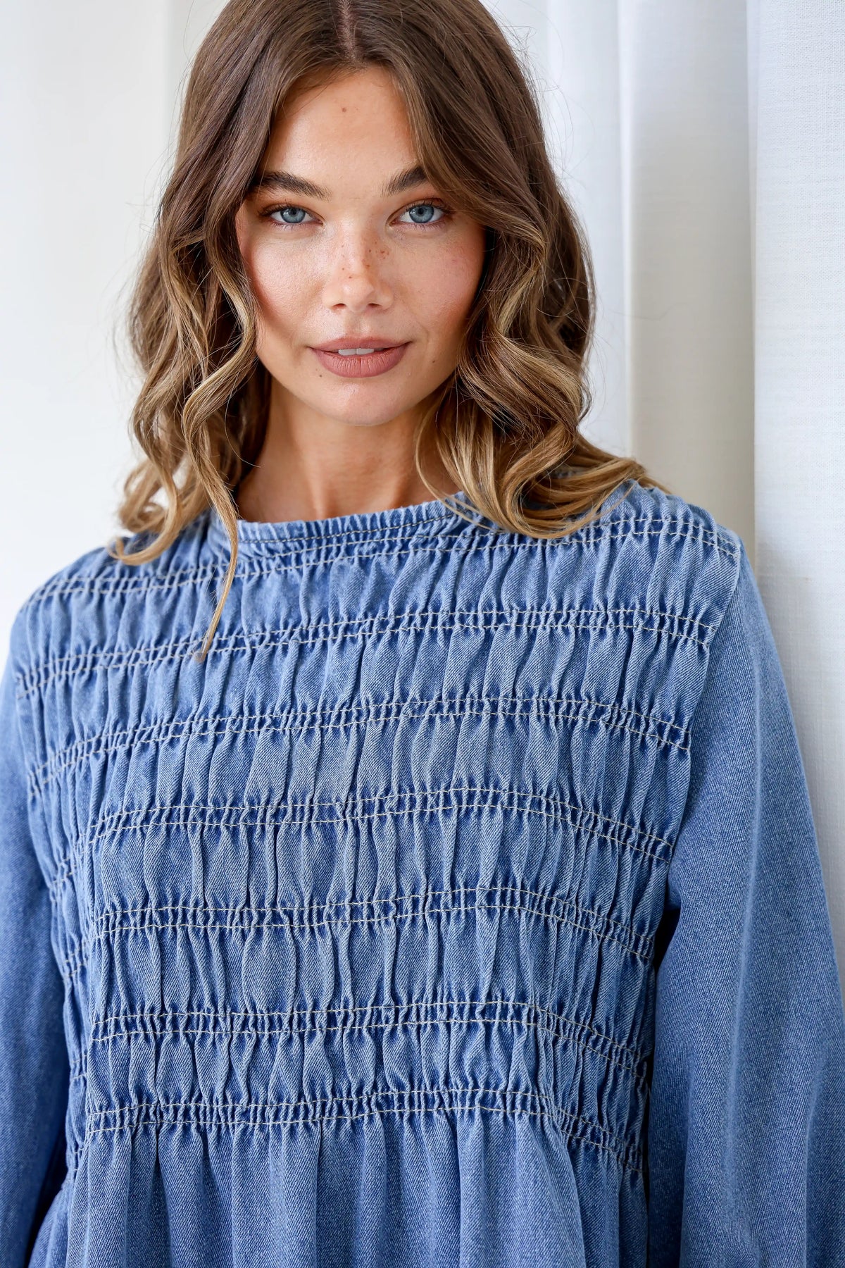 Adelaide Chambray Denim Mini Dress Vintage Mid Blue