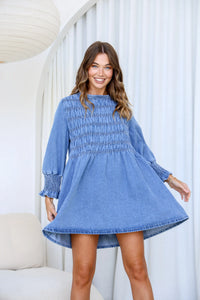 Adelaide Chambray Denim Mini Dress Vintage Mid Blue
