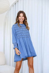 Adelaide Chambray Denim Mini Dress Vintage Mid Blue