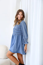 Adelaide Chambray Denim Mini Dress Vintage Mid Blue