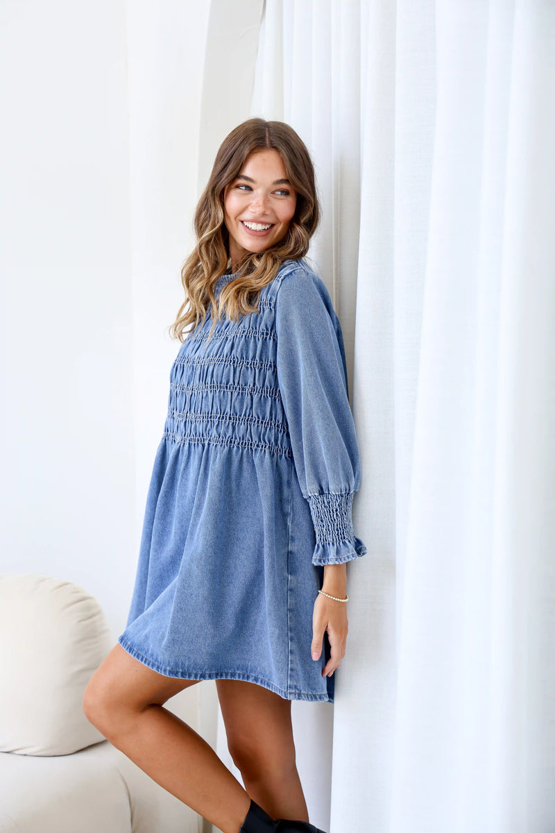Adelaide Chambray Denim Mini Dress Vintage Mid Blue