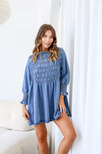 Adelaide Chambray Denim Mini Dress Vintage Mid Blue