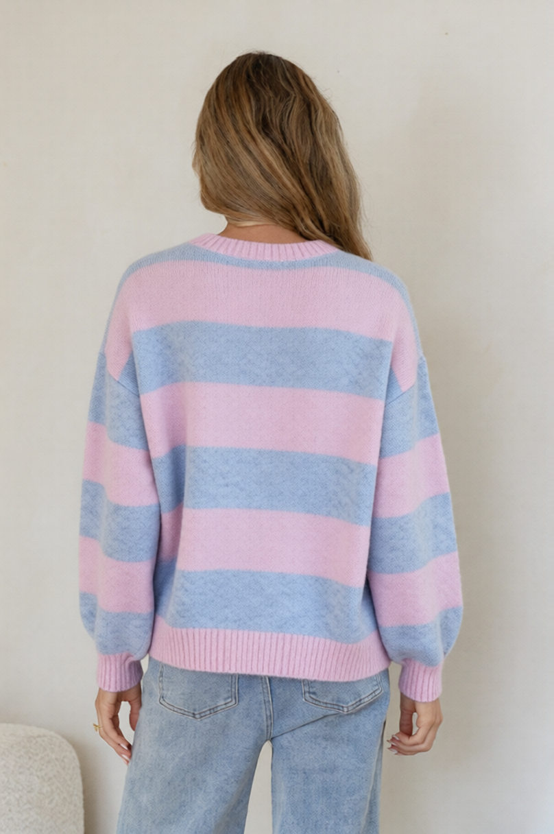 Brady Bunch Stripe Knit blue pink – model back view
