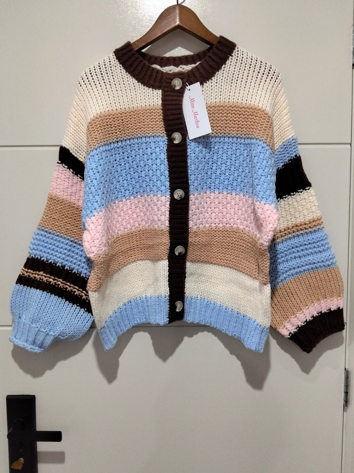Miss Marlow Bastille Chunky Cardi blue stripe – flat lay showing full cardigan