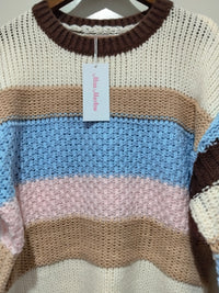 Bastille Chunky Knit Jumper blue stripe – close-up of front showing stripe colours and knit texture