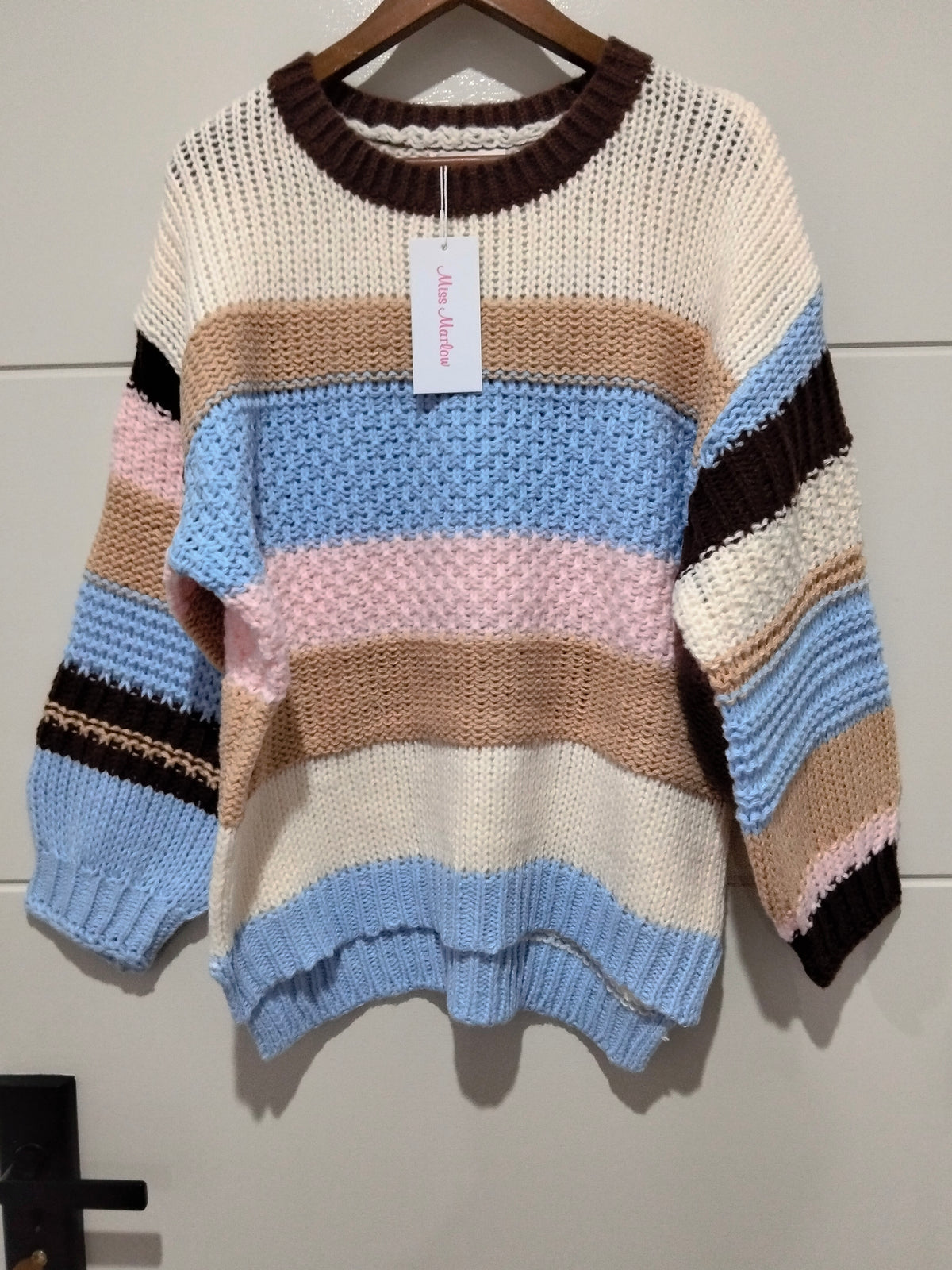 Bastille Chunky Knit Jumper blue stripe – flat lay front view showing stripe pattern and colours