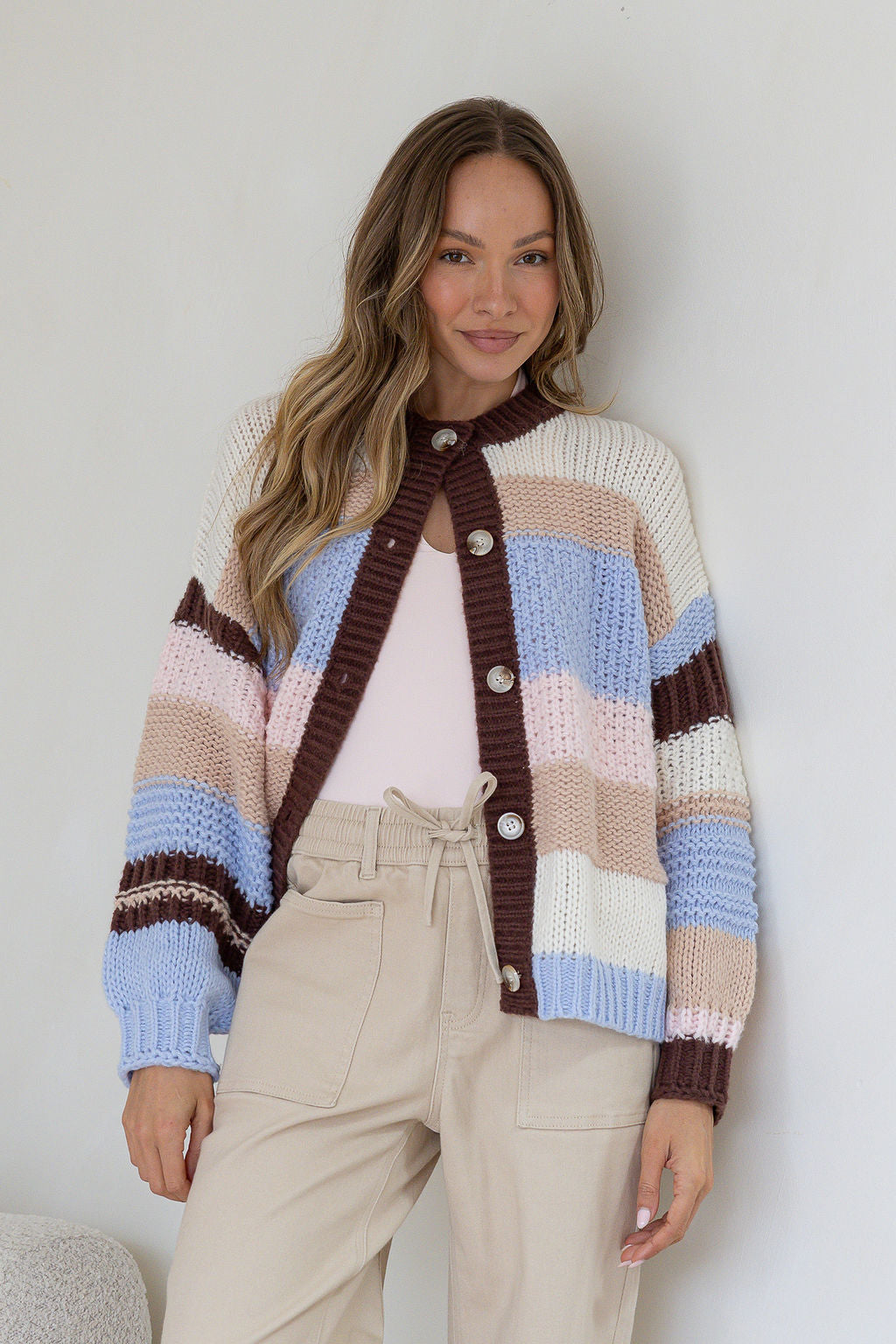 Miss Marlow Bastille Chunky Cardi blue stripe – close-up of ribbed cuff detail