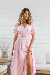 Spring Check Midi Dress Blush Print