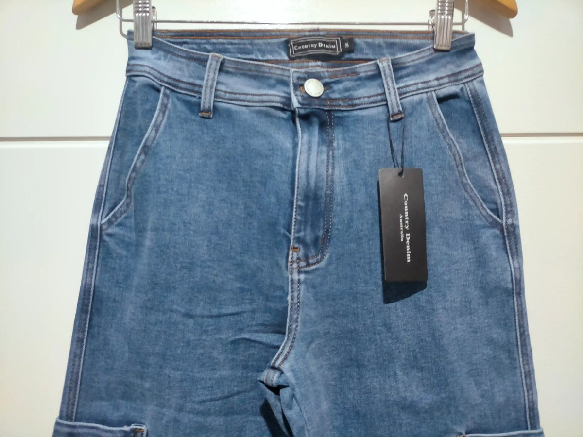 Bondi Straight Leg Stretch Cargo Jean ~ Mid Blue