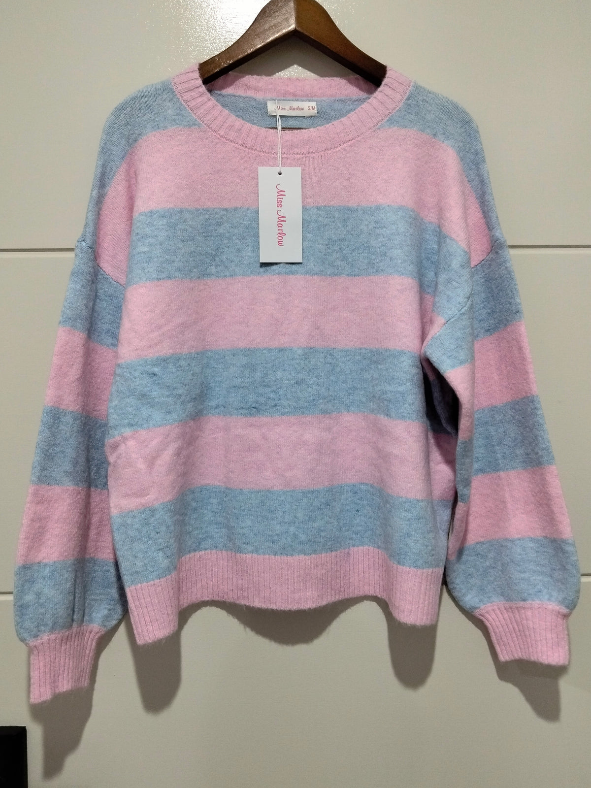 Brady Bunch Stripe Knit blue pink – flat lay front full view