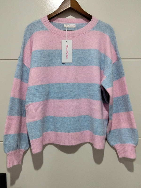 Brady Bunch Stripe Knit blue pink – flat lay front full view