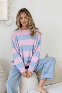 Brady Bunch Stripe Knit blue pink by Miss Marlow – model front shot sitting