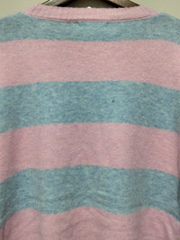 Brady Bunch Stripe Knit blue pink – flat lay close-up of stripe pattern and colour including dark blue flecks in light blue stripe
