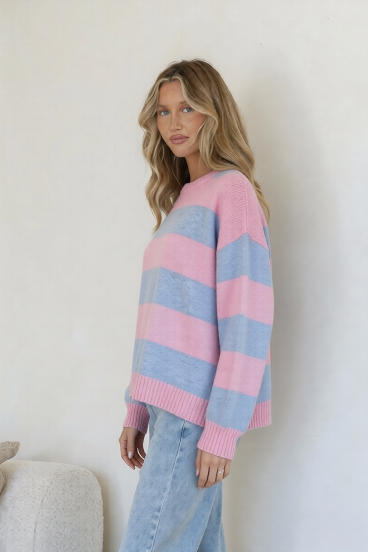 Brady Bunch Stripe Knit blue pink – model side view alternate shot
