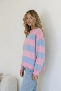 Brady Bunch Stripe Knit blue pink – model side view alternate shot