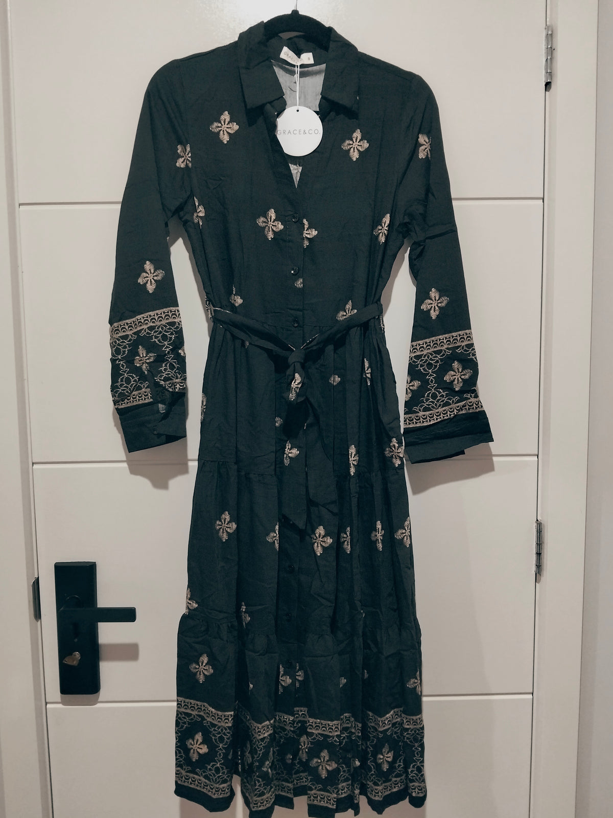 Cairo Midi Dress ~ Black and Beige Print