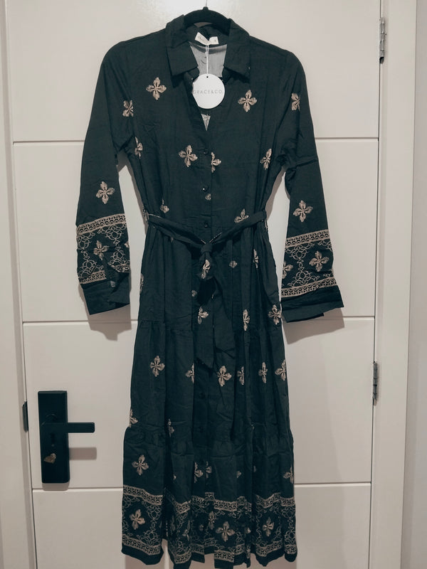 Cairo Midi Dress ~ Black and Beige Print