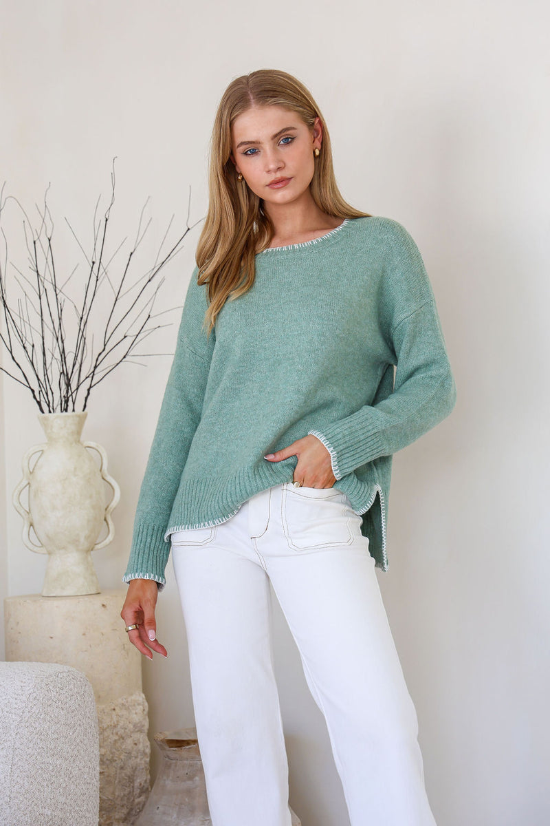 Canyon Slouch Blanket Stitch Knit - Sage