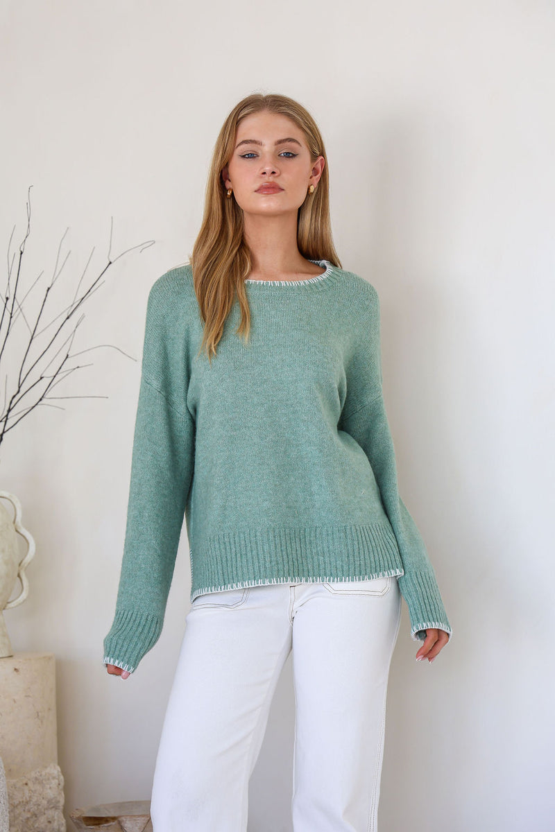 Canyon Slouch Blanket Stitch Knit - Sage