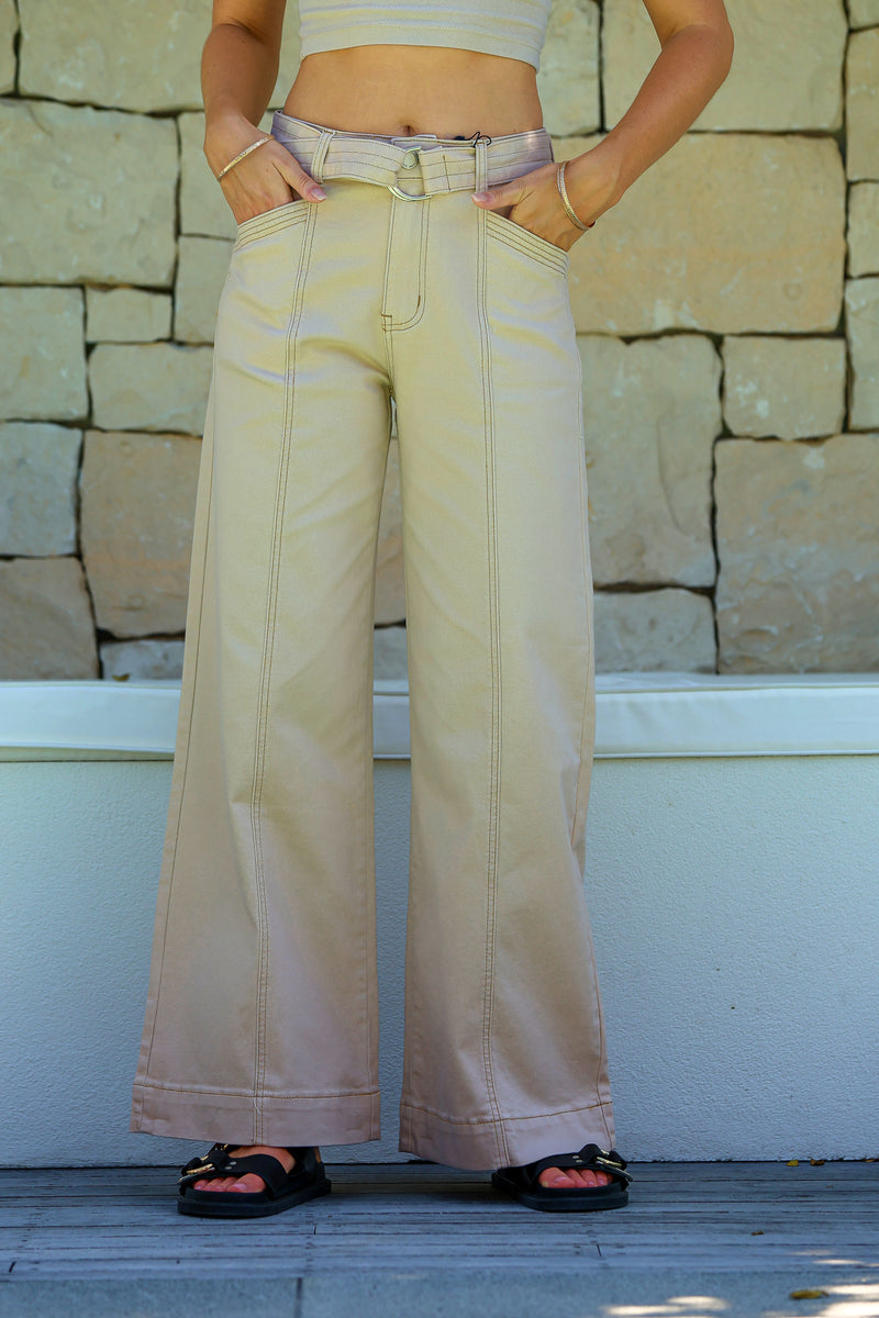 Indiana Stretch Wide Leg Belted Jean - Oatmeal