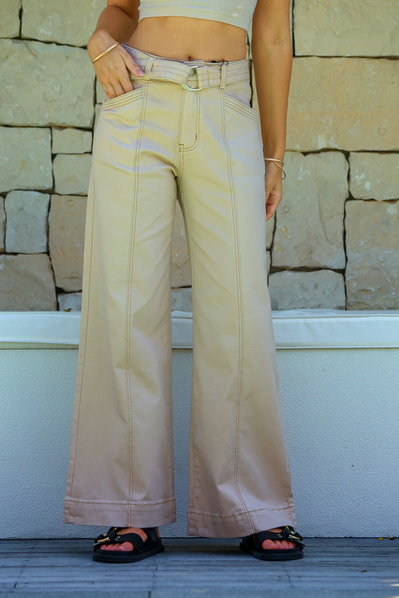 Indiana Stretch Wide Leg Belted Jean - Oatmeal